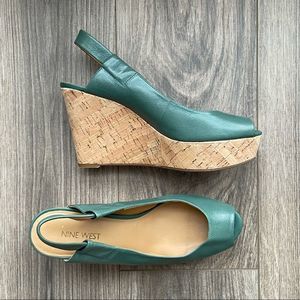 Nine West Green Wedge Cork Sandals | 7.5
